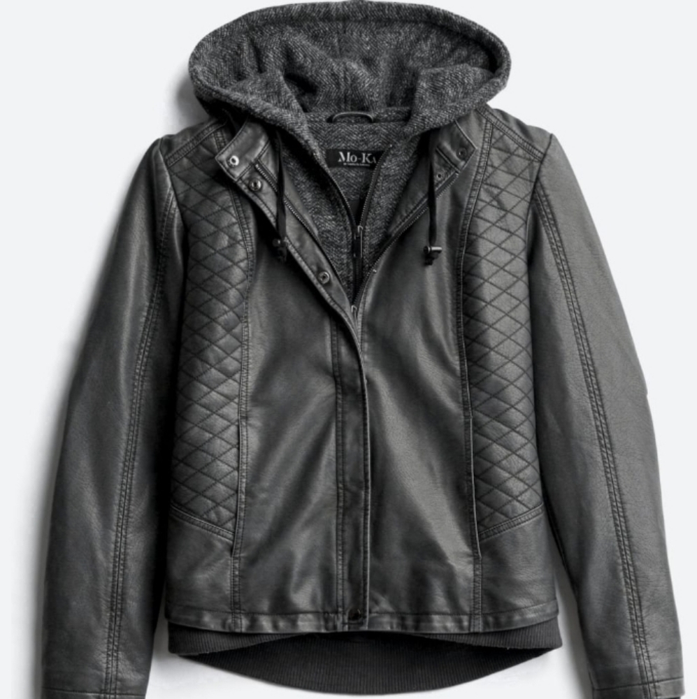NWT XS Mo-Ka knit hood gray faux leather jacket